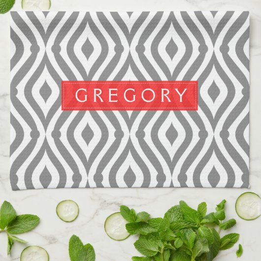 Mit Monogramm geometrisches Muster in Weiß und Gra Geschirrtuch (Gefaltet)