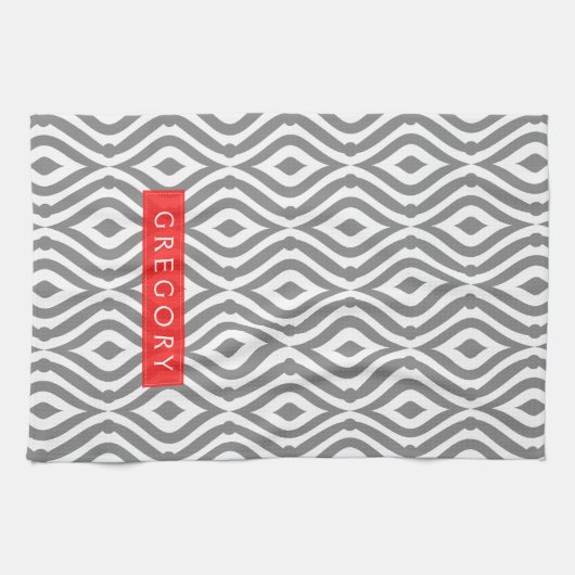 Mit Monogramm geometrisches Muster in Weiß und Gra Geschirrtuch (Horizontal)