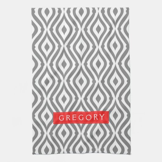 Mit Monogramm geometrisches Muster in Weiß und Gra Geschirrtuch (Vertikal)