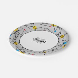 Mit Monogramm geometrisches Retro-Muster Pappteller