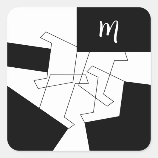 Mit Monogramm geometrisches Schwarz-Weiß-Muster Quadratischer Aufkleber (Vorderseite)