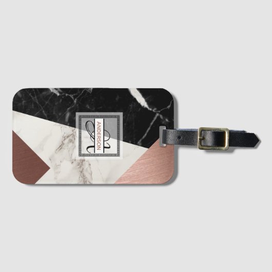 Mit Monogramm Gepäckmarke Marble Rose Gold Geometr Gepäckanhänger (Vorderseite (Horizontal))