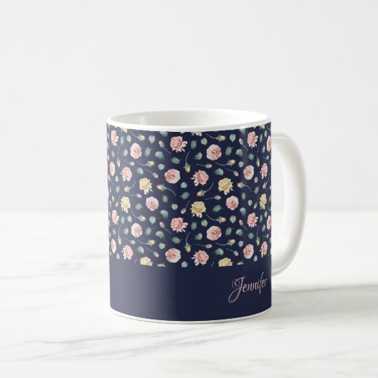 Mit Monogramm | Gesenkte Rose Blauer Blütenstaub Kaffeetasse (VorderseiteRechts)