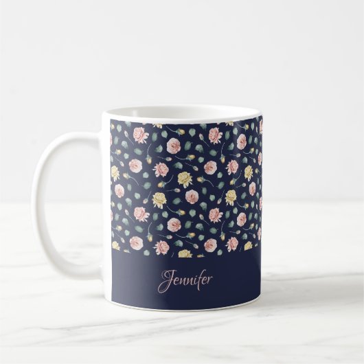Mit Monogramm | Gesenkte Rose Blauer Blütenstaub Kaffeetasse (Links)