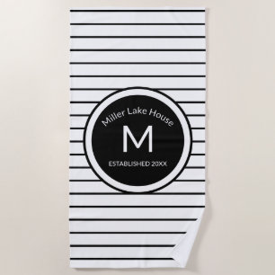 Mit Monogramm gestreiftes Schwarzweiss-Badetuch Strandtuch