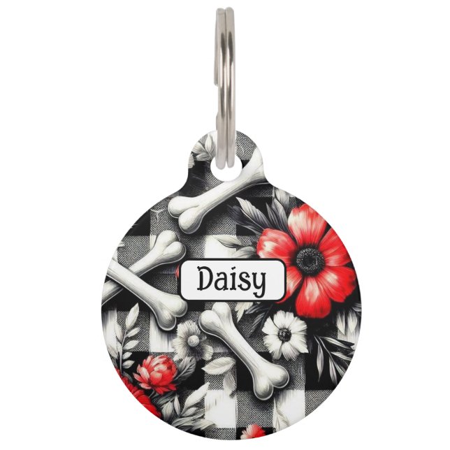 Mit Monogramm Gingham Kariert Schwarz-weiß Rote Fl Haustiermarke (Vorderseite)