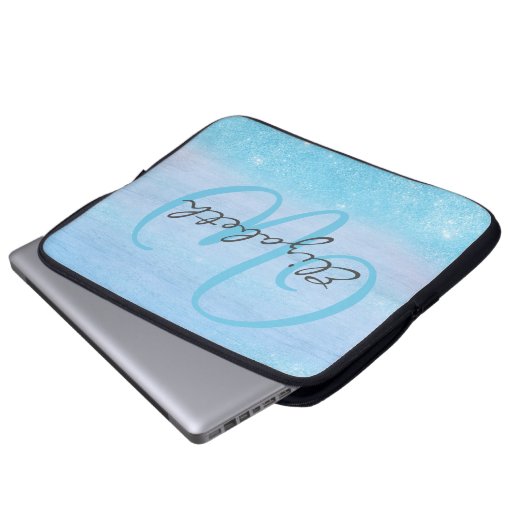 Mit Monogramm Girl Blue Ombre Soft Glitzer Shimmer Laptopschutzhülle (Vorne Knopf)