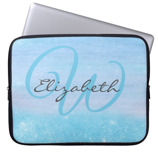 Mit Monogramm Girl Blue Ombre Soft Glitzer Shimmer Laptopschutzhülle (Vorderseite)
