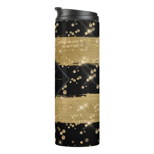 Mit Monogramm Girl Modern Black Gold Glitzer Scrip Thermosbecher (Nach rechts gedreht)