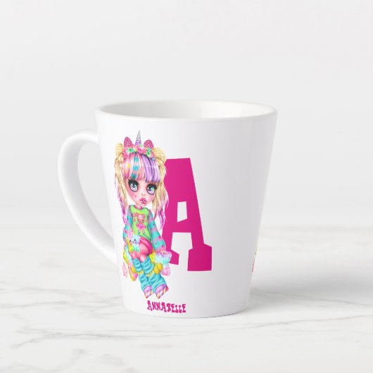 Mit Monogramm Girls Unicorn Niedlich Hübsch Person Milchtasse (Linke Ecke)