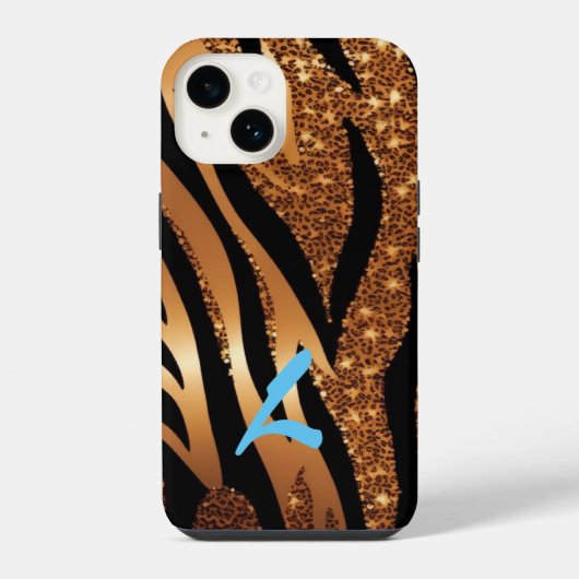 Mit Monogramm Gold Agate Tiger Leopard Glitzer iPhone Hülle (Rückseite)