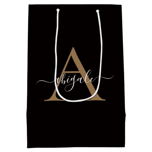 Mit Monogramm Gold Black | Minimal Elegant Mittlere Geschenktüte (Rückseite)