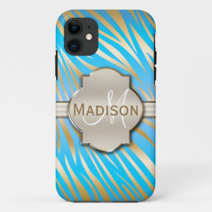 Mit Monogramm Gold Blue Zebra Print Muster Case-Mate iPhone Hülle