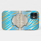 Mit Monogramm Gold Blue Zebra Print Muster Case-Mate iPhone Hülle (Rückseite (Horizontal))