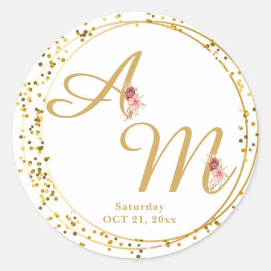 Mit Monogramm Gold Blume Minimal Weiß Runder Aufkleber (Vorderseite)