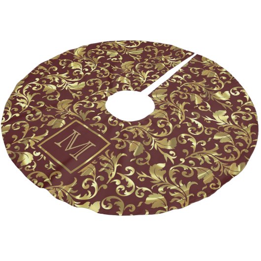Mit Monogramm Gold Floral Damask Polyester Weihnachtsbaumdecke (Schrägansicht)