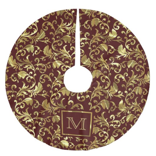 Mit Monogramm Gold Floral Damask Polyester Weihnachtsbaumdecke (Vorderseite)