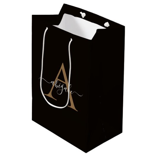 Mit Monogramm Gold Leather Black | Minimal Elegant Mittlere Geschenktüte (Vorderseite Schrägansicht)