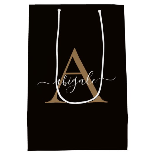 Mit Monogramm Gold Leather Black | Minimal Elegant Mittlere Geschenktüte (Rückseite)