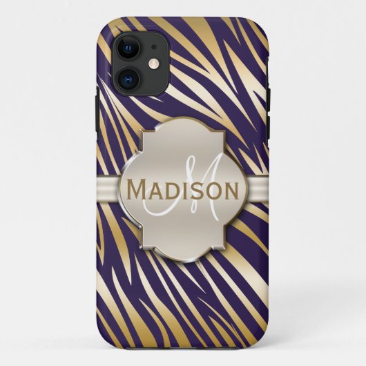 Mit Monogramm Gold Lila Zebra Druckmuster Case-Mate iPhone Hülle (Rückseite)