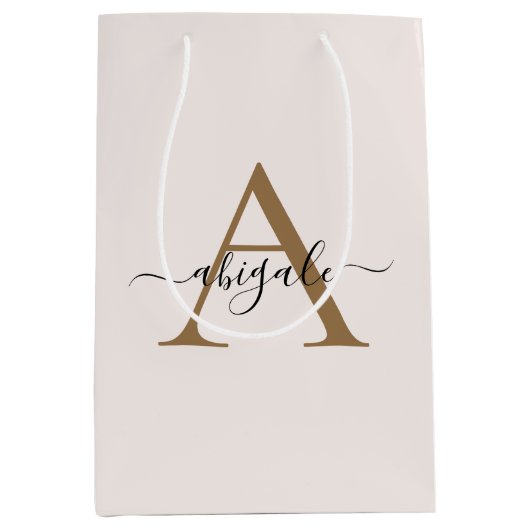 Mit Monogramm Gold Pearl White | Minimal Elegant Mittlere Geschenktüte (Vorderseite)