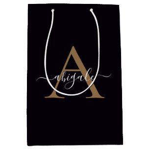Mit Monogramm Gold Pitch Black   Minimal Elegant Mittlere Geschenktüte