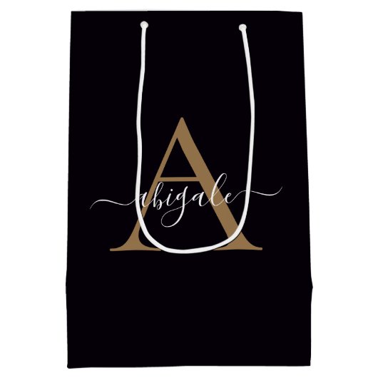 Mit Monogramm Gold Pitch Black | Minimal Elegant Mittlere Geschenktüte (Rückseite)