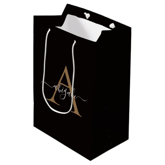 Mit Monogramm Gold-Slot-Black | Minimal Elegant Mittlere Geschenktüte (Vorderseite Schrägansicht)