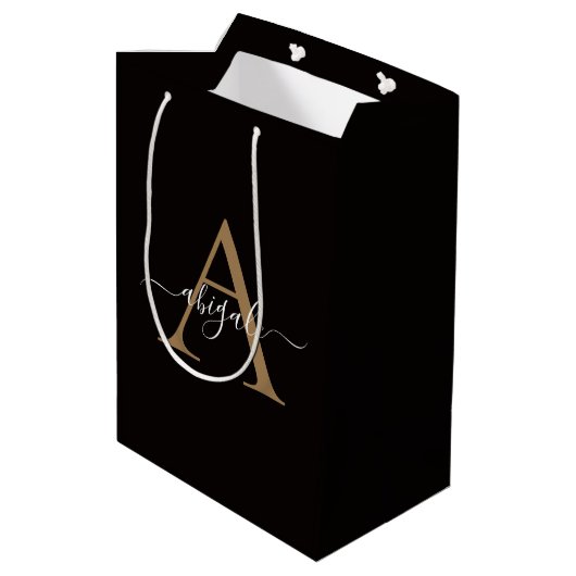 Mit Monogramm Gold-Slot-Black | Minimal Elegant Mittlere Geschenktüte (Rückseite Schrägansicht)