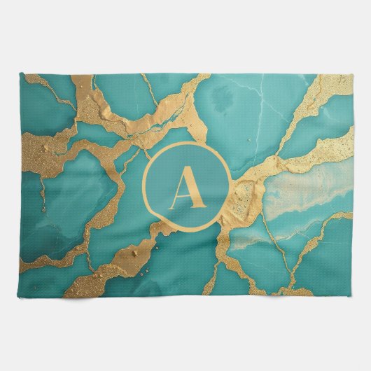 Mit Monogramm Gold und Aquamariner Luxe-Marmor Geschirrtuch (Horizontal)