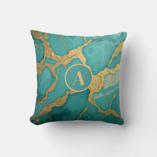 Mit Monogramm Gold und Aquamariner Luxe-Marmor Kissen