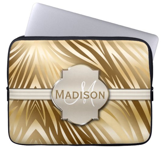 Mit Monogramm Gold Zebra-Druckmuster Laptopschutzhülle (Vorderseite)