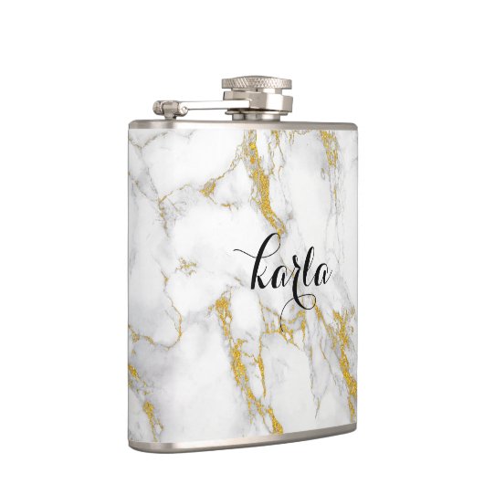 Mit Monogramm Goldakzent aus weißem Marmor Flachmann (Rechts)