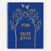 Mit Monogramm Goldbäume mit Vögeln auf blau | Notizblock (Vorderseite)