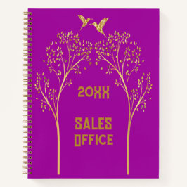 Mit Monogramm Goldbäume mit Vögeln auf Lila | Notizblock