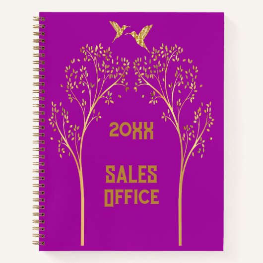 Mit Monogramm Goldbäume mit Vögeln auf Lila | Notizblock (Vorderseite)