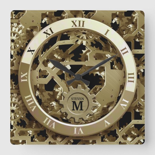 Mit Monogramm Golden Clock Gears römische Zahlen Quadratische Wanduhr (Vorderseite)