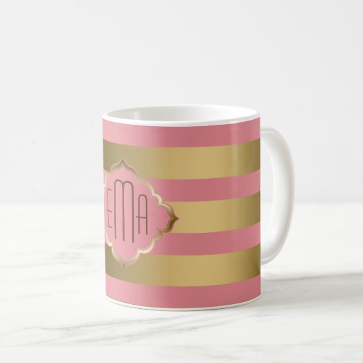 Mit Monogramm goldene Streifen und rosa geometrisc Kaffeetasse (VorderseiteRechts)