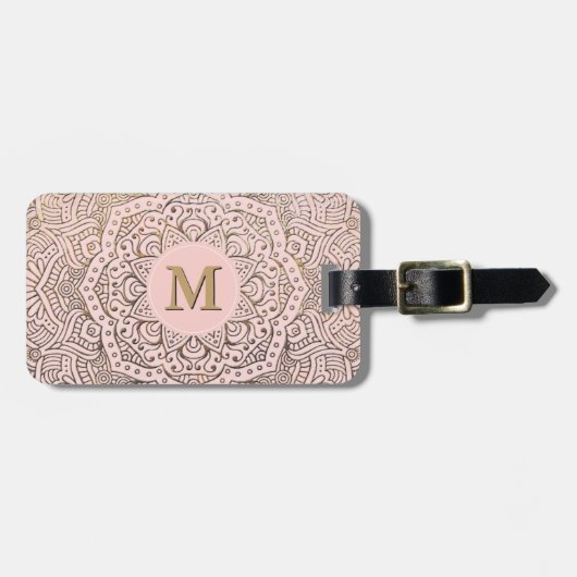 Mit Monogramm GoldMandala | erröten rosa Boho Gepäckanhänger (Vorderseite horizontal)
