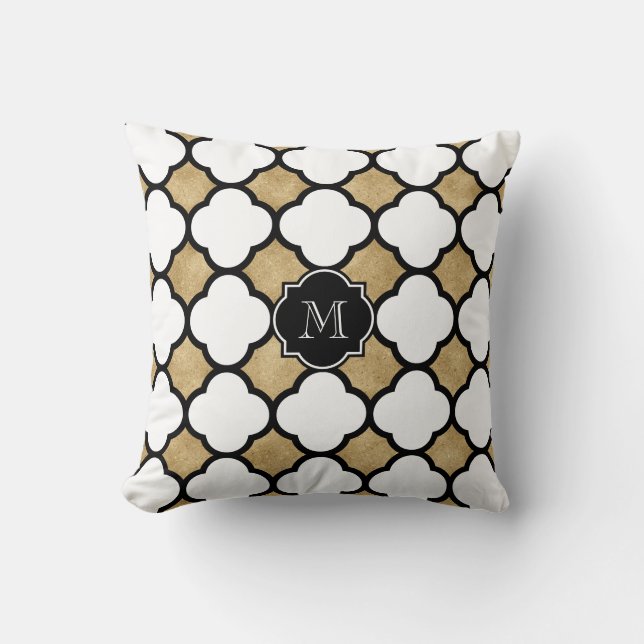 Mit Monogramm-Goldweißer geometrischer Quatrefolie Kissen (Vorderseite)