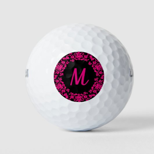 Mit Monogramm Golfball Girly Black & Bright Pink (Vorderseite)