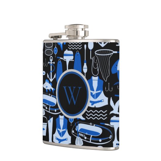 Mit Monogramm Gone Fishing Blauer Muster Flachmann (Links)