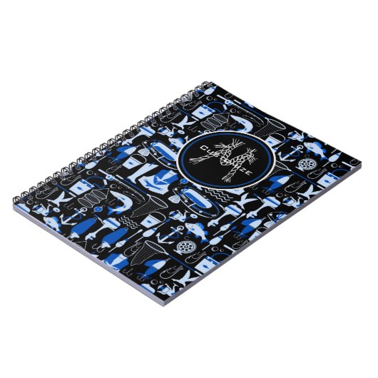 Mit Monogramm Gone Fishing Blauer Muster Notizblock (Linke Seite)