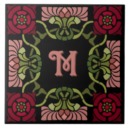 Mit Monogramm Goth Art Nouveau Rose und Dahlia Red Fliese