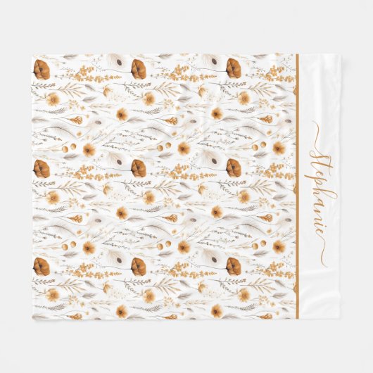 Mit Monogramm Grau Beige Brown White Boho Floral Fleecedecke (Vorderseite (Horizontal))