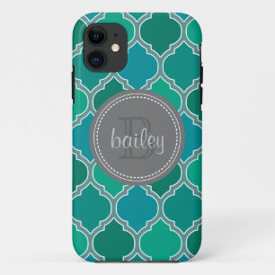 Mit Monogramm-graues Aquamarines modernes Gittermu iPhone 11 Hülle