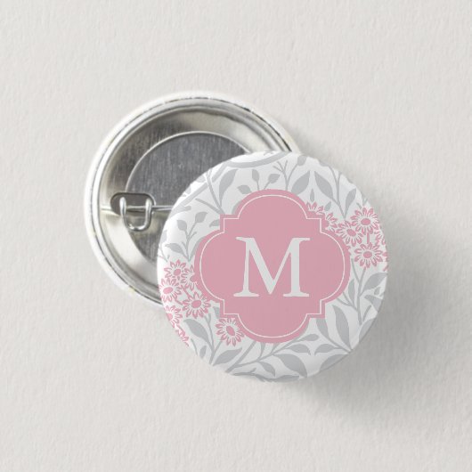 Mit Monogramm-Graurosa-Floral-Damaskus-Muster Button (Vorne & Hinten)