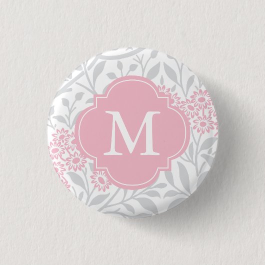 Mit Monogramm-Graurosa-Floral-Damaskus-Muster Button (Vorderseite)