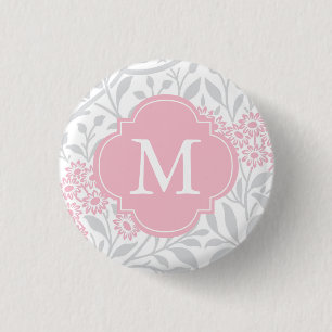 Mit Monogramm-Graurosa-Floral-Damaskus-Muster Button