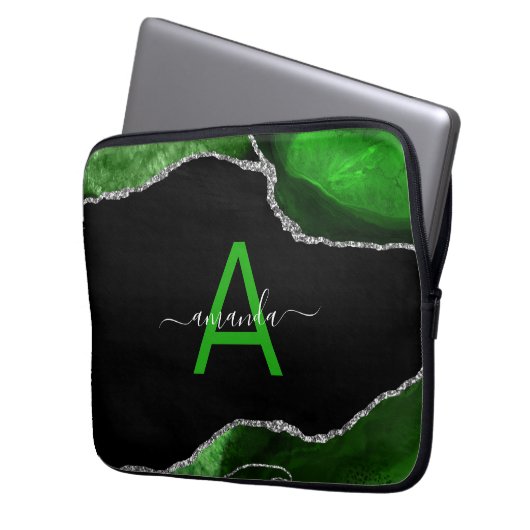 Mit Monogramm Green Agate mit Silver Glitzer Akzen Laptopschutzhülle (Vorderseite Links)